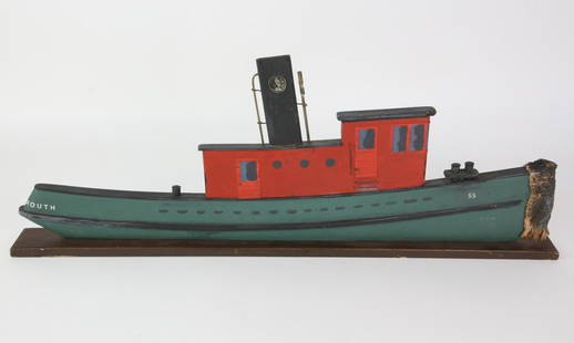 Vintage Maine Folk Art Flat Hull Tugboat Model: Vintage Maine Folk Art Flat Hull Tugboat Model, carved and painted by Robert Alvarez Lamoine, Maine 1986; signed in ink on underside of the base, double sided, and depicting tug #55 from Portsmouth,