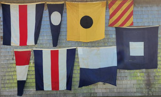 Group of 8 World War 2 U.S. Navy Nautical Signal Flags: Group of 8 World War 2 U.S. Navy Nautical Signal Flags, stenciled markings. Five of which are dated 1943 & 1944. Manufactured by SIMCO and at the U.S. Naval Flag Loft, Mare Island, California.