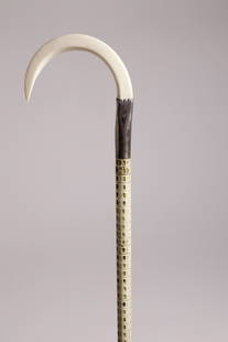 Silver Mounted Boar's Tusk Handled Cane, 19th Century: Silver Mounted Boar's Tusk Handled Cane, 19th Century, tapered shaft of shark vertebrae, ending in 2-inch brass ferrule Length 35.25 in.