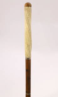 Whaleman Made Walking Stick, mid 19th Century: Whaleman Made Walking Stick, mid 19th Century, wooden knob above a partial narwhale shaft on tapering hardwood shaft ending in a brass ferrule Length 39.5 in.