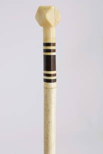 Whaleman Made Antique Whale Ivory Polyhedron Grip Walking Stick, circa 1850: Whaleman Made Antique Whale Ivory Polyhedron Grip Walking Stick, circa 1850, grip above a wood spacer on a round whalebone tapering shaft Length 37.5 in.