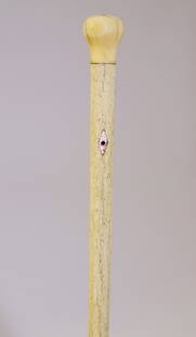 Antique Whale Ivory Knob Handled Walking Stick, 19th Century: Antique Whale Ivory Knob Handled Walking Stick, 19th Century, with mother of pearl eyelets, on tapering whalebone shaft ending in brass ferrule Length 32.5 in.