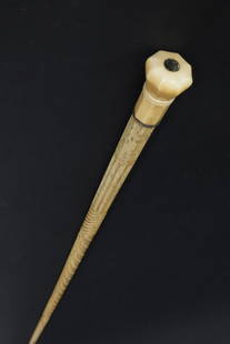 Whaleman Made Whale Ivory and Whalebone Carved Walking Stick, 19th Century: Whaleman Made Antique Whale Ivory and Whalebone Carved Walking Stick, 19th Century, paneled knob inlaid with abalone dot, elaborately carved whalebone shaft Length 34 in.
