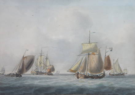 William Anderson Watercolor and Ink on Paper "Shipping off the Dutch Coast": William Anderson (British 1757-1837) Watercolor and Ink on Paper "Shipping off the Dutch Coast", signed and dated lower left Wm Anderson 1794, in French mat, molded wood frame 8.25 in. x 11.5 in.