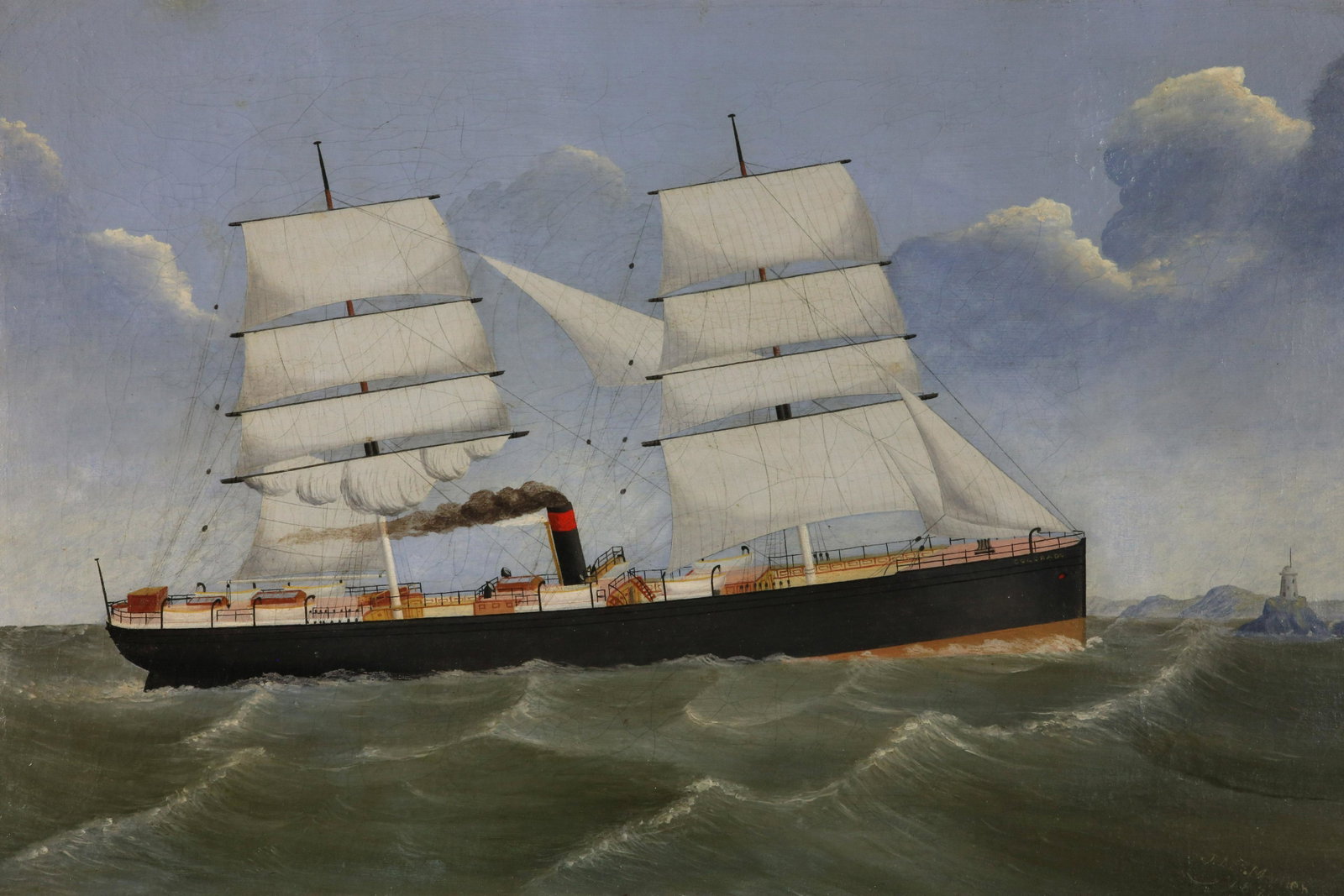 J.M. Mullen Oil on Canvas "Portrait of the Ship Colorado", circa 1871: J.M. Mullen Oil on Canvas "Portrait of the Ship Colorado", circa 1871, signed lower right J.M. Mullen, 1871 in period molded gilt frame, linen lined 17.5 in. x 26.5 in. Framed 21 in. x 30 in.