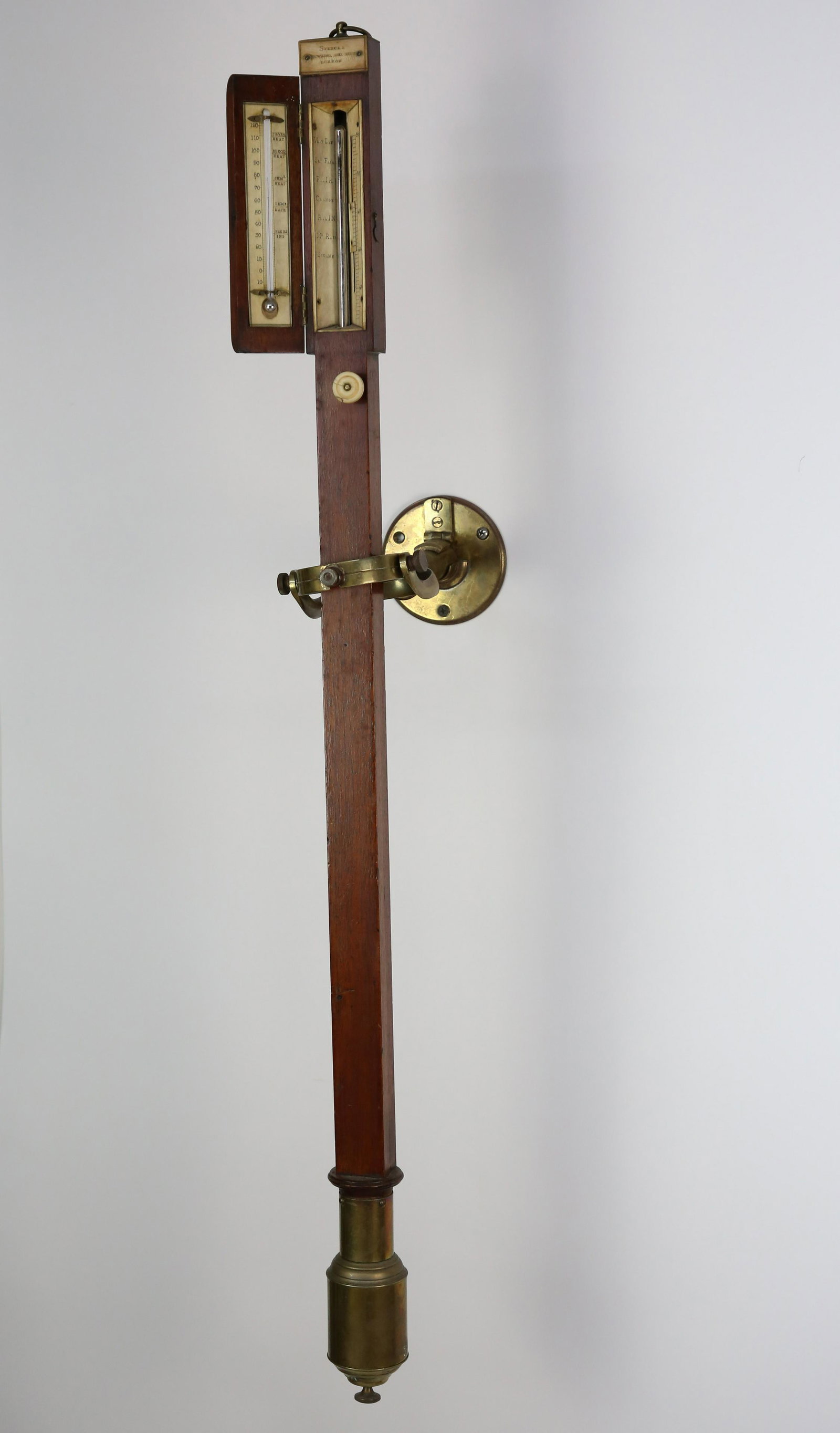 George III Mahogany Marine Stick Barometer, Spencer Browning and Rust, London, 1st Quarter of the: George III Mahogany Marine Stick Barometer, Spencer Browning and Rust, London, 1st Quarter of the 19th Century, with maker's label, mercury thermometer and barometer with engraved tablets, both contai