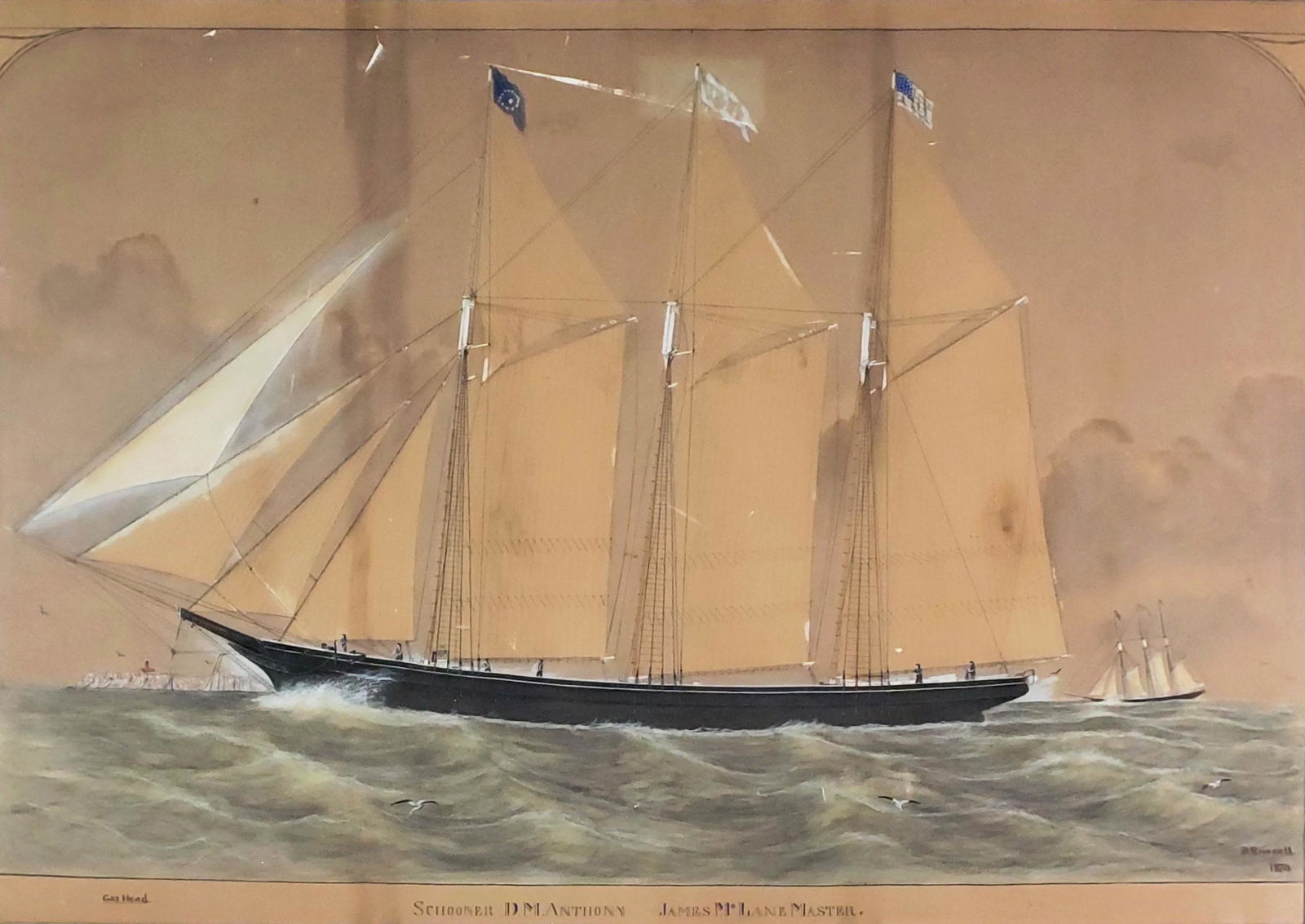Benjamin Russell Watercolor, Gouache, and Ink Over Pencil Underdrawing Ship Portrait, circa 1874: Benjamin Russell (American 1804-1885) Watercolor, Gouache, and Ink Over Pencil Underdrawing Ship Portrait, "Schooner D.M. Anthony, James Mclane, Master", signed lower right, "B. Russel 1874". Benjamin