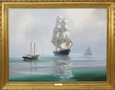 Barry Mason Oil on Canvas "Morning Mists Off Boston U.S. Clipper Flying Fish"