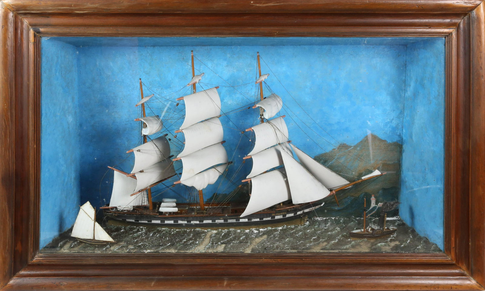 Large British Ship Diorama of the "Maggie": Large British Ship Diorama of the "Maggie", a 3-mast ship with pilot boat and side wheeler, painted backdrop Height 28.5 in. Length 46.5 in. Width 12 in.