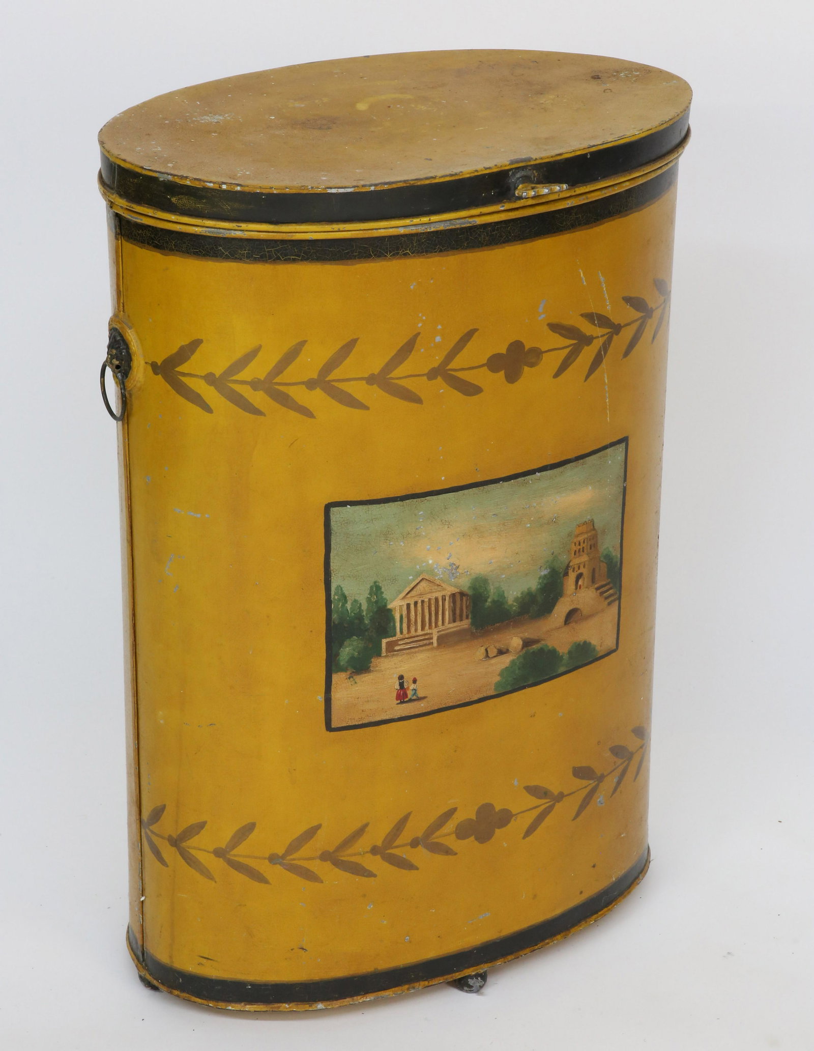 Continental Tole Hamper, mid 20th Century: Continental Tole Hamper, mid 20th Century, oval hinged top on conforming canister with lion and ring side grips, hand painted classical landscape central cameo Height 24.5 in. Width 17 in. Depth 10.75