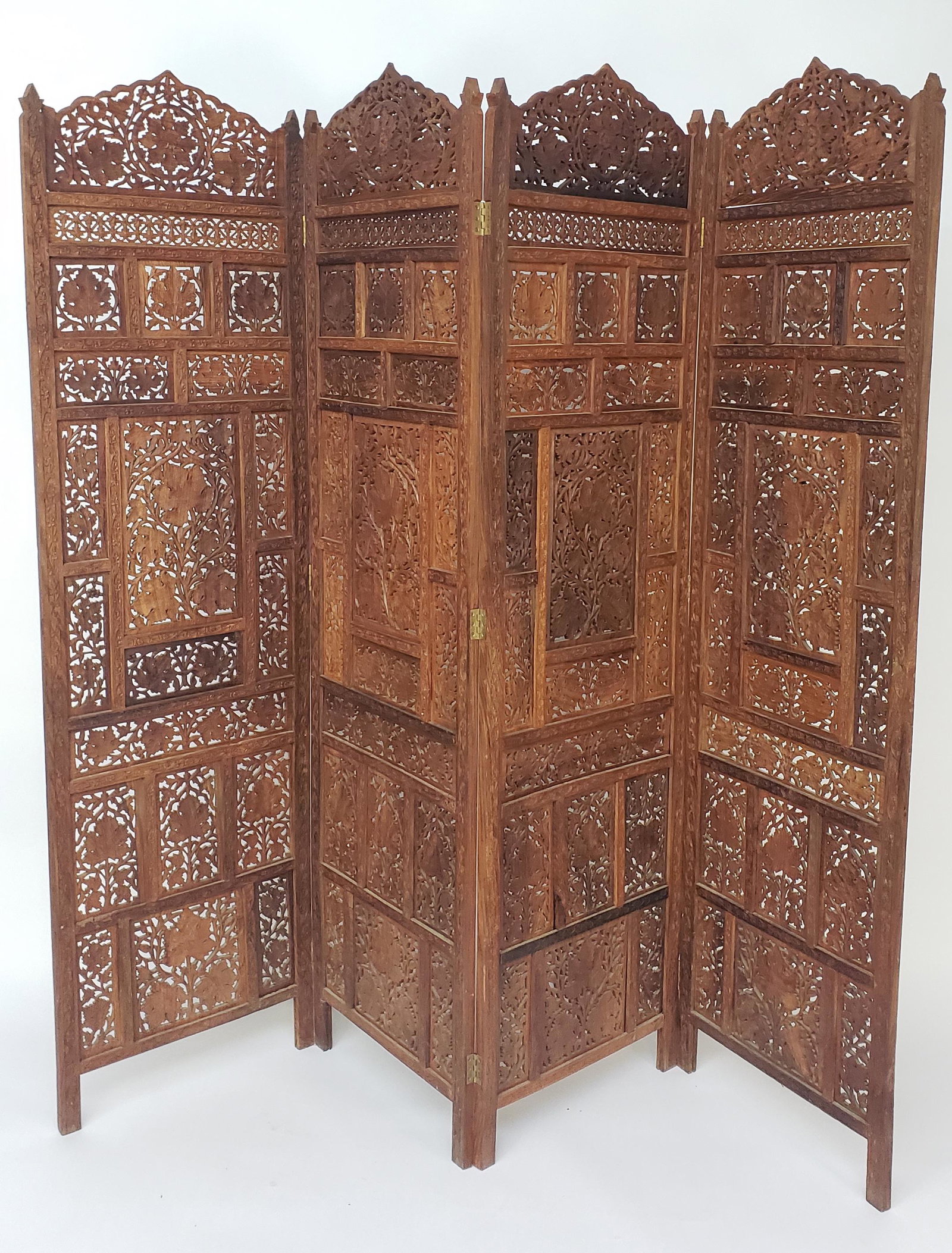 Heavily Carved Vintage Teak Four-Panel Room Divider Folding Screen (1 of 7)