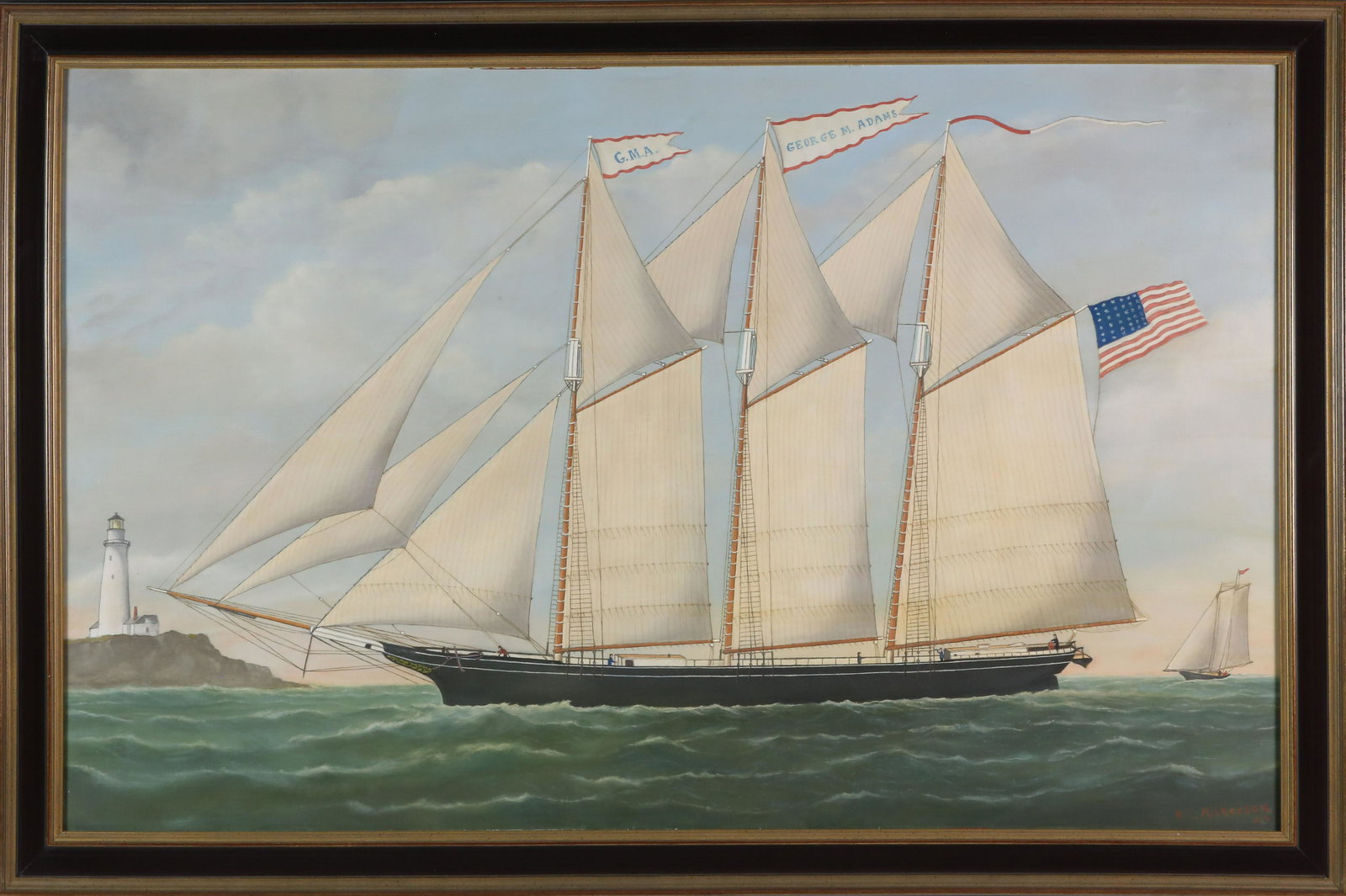 Robert E. Nickerson Oil on Canvas "Portrait of the 3-Mast Schooner George M. Adams": Robert E. Nickerson (b. 1915) Oil on Canvas "Portrait of the 3-Mast Schooner George M. Adams," signed lower right R.E. Nickerson in ebonized and gilt molded frame. The schooner George Adams was built