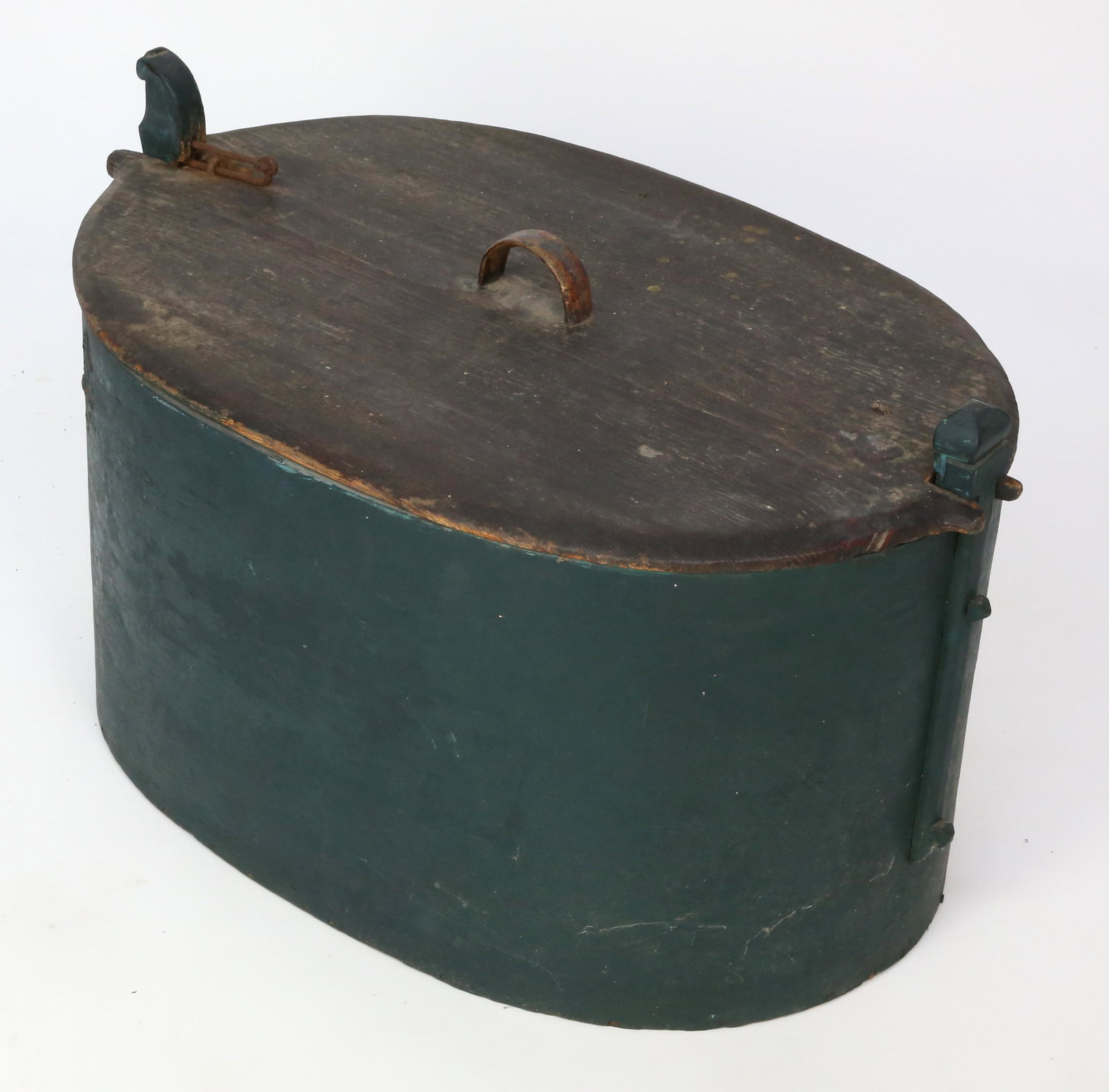 Scandinavian Oval Bentwood 'Tine' Painted Box, with Stitched Lace Detail: Scandinavian Oval Bentwood 'Tine' Painted Box, with Stitched Lace Detail Height 14 in. Length 23.5 in. Width 15.25 in.
