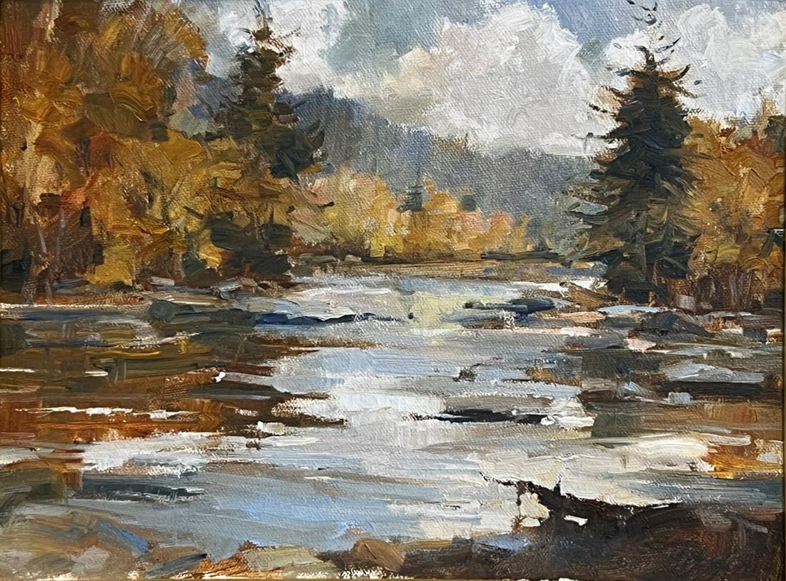 Attributed to David Lazarus Oil on Canvas "New England Fall Riverscape": Attributed to David Lazarus (British-American b. 1952) Oil on Canvas "New England Fall Riverscape," unsigned, in molded gilt frame 9 in. x 12 in. Framed 16 in. x 19 in.