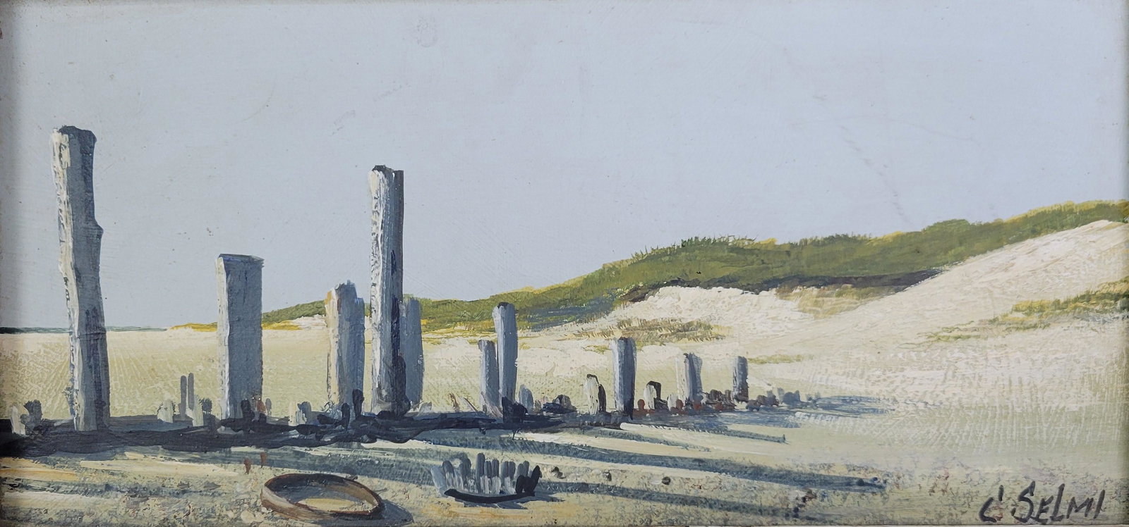 Charles R. Selmi Mid Century Modern Oil on Masonite "The Dunes at Jetties Beach, Nantucket": Charles R. Selmi (1933-1994) Mid Century Modern Oil on Masonite "The Dunes at Jetties Beach, Nantucket," in original frame, signed lower right "C. Selmi". Sight 6 in. X 12 in. Overall 12 in. X 18 in.