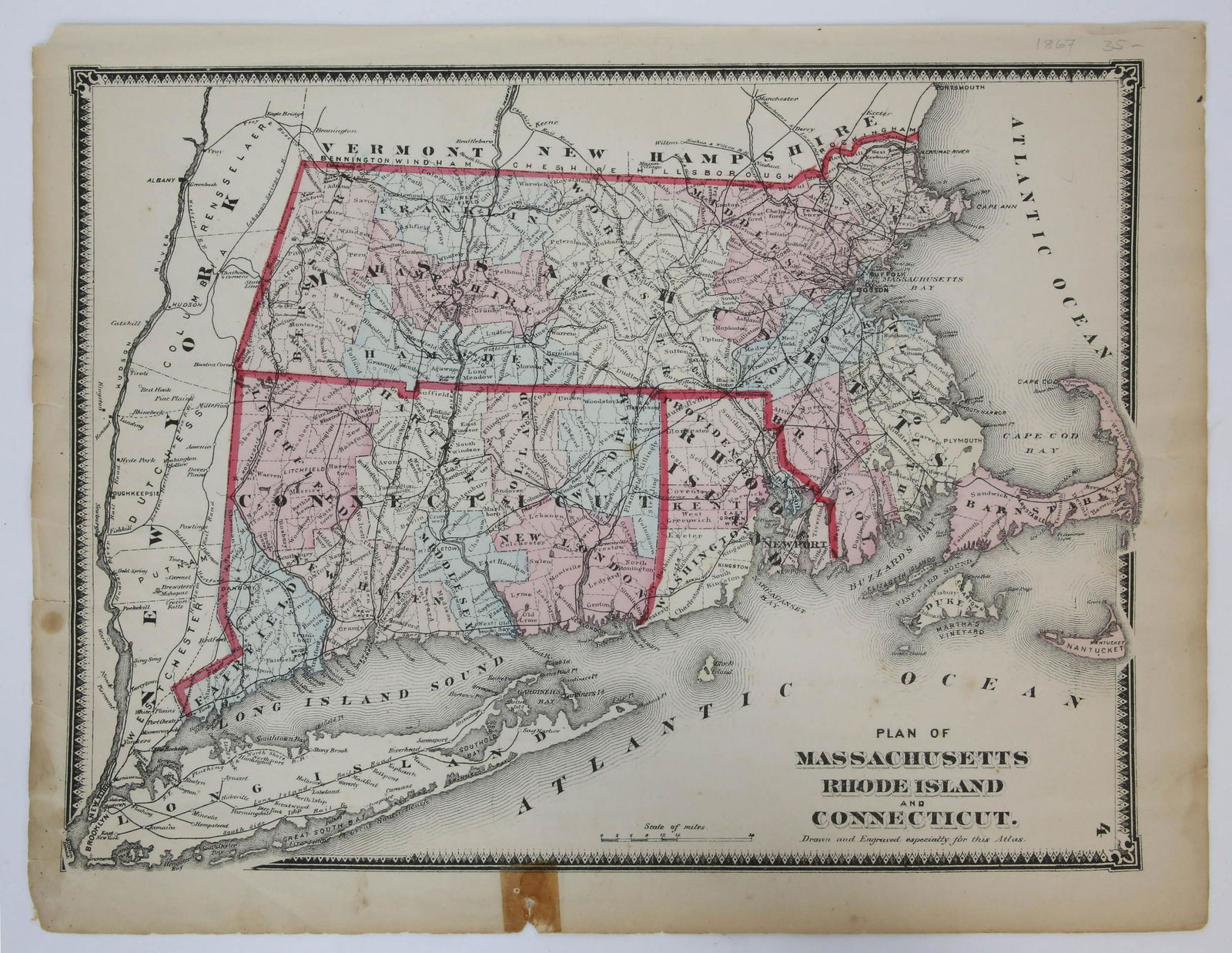 "Plan of Massachusetts, Rhode Island, and Connecticut-Drawn and Engraved for this Atlas," 19th (1 of 4)