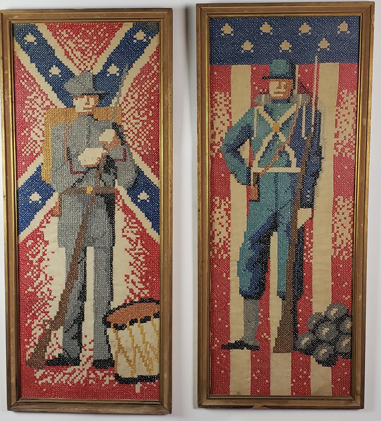 Pair of Vintage Civil War Pictorial Soldier and Flag Cross Stitch Needlework Souvenirs (1 of 5)