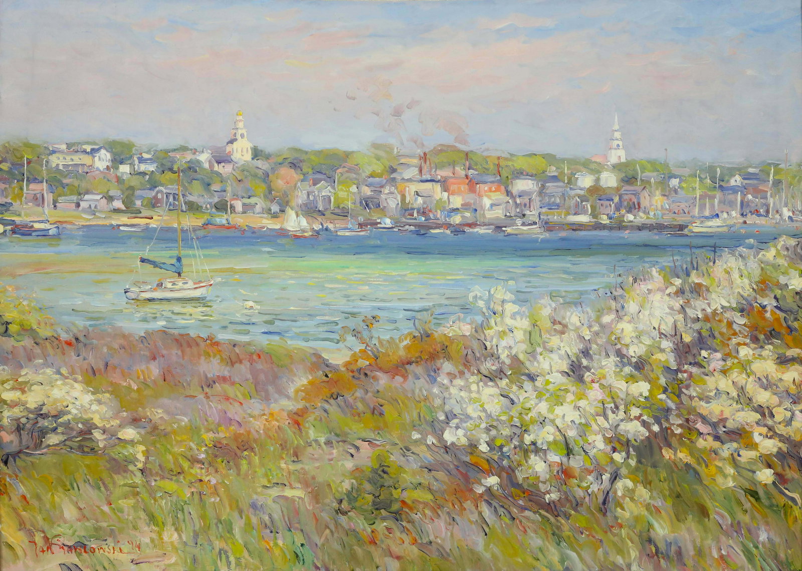 Jan Pawlowski Oil on Canvas "View of Nantucket Town From Monomoy": Jan Pawlowski (Polish /American b. 1949) Oil on Canvas "View of Nantucket Town From Monomoy", signed lower left Jan Pawlowski, '94, in molded gilt frame; original Robert Wilson Gallery label on revers