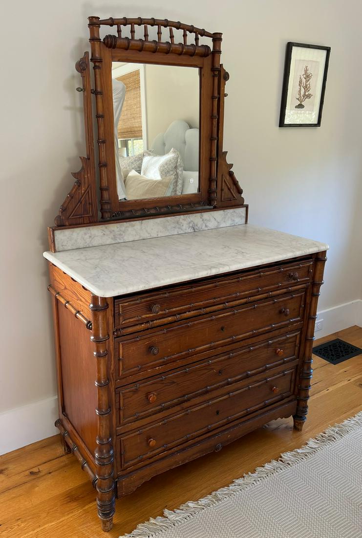 Antique Faux Bamboo and White Marble Top Chest of Drawers, 19th Century: Antique Faux Bamboo and White Marble Top Chest of Drawers, 19th Century, with attached dressing mirror Height 66 in. Width 41 in. Depth 19.5 in.