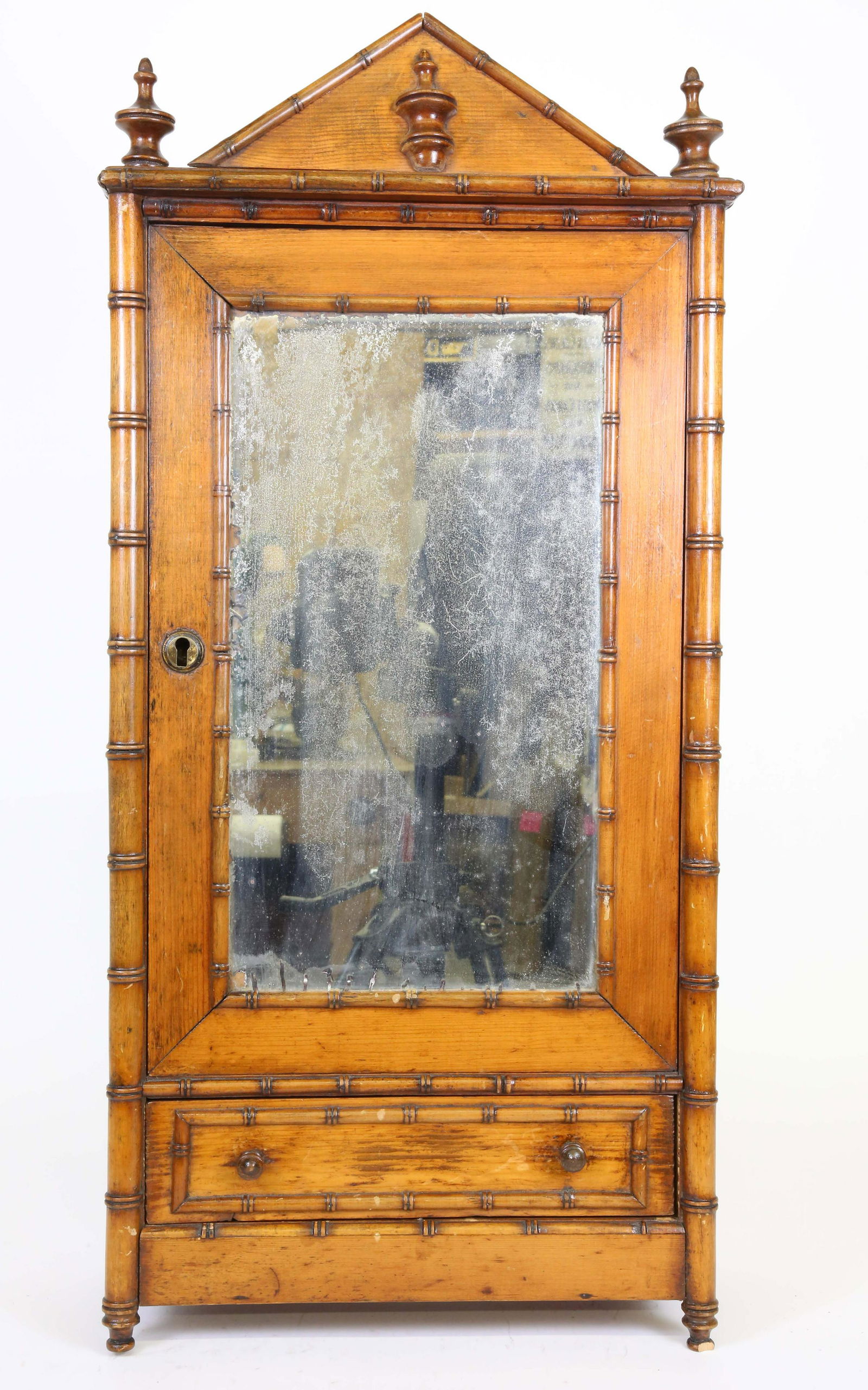 Miniature Faux Bamboo Mirrored Door Armoire, 19th Century (1 of 6)