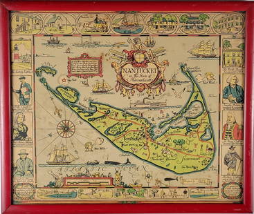 Original 1926 Tony Sarg Nantucket Map Chromolithograph Print: Original 1926 Tony Sarg Nantucket Map Chromolithograph Print, whimsical map showing various island sights, history and personalities, in original Tony Sarg red painted frame.