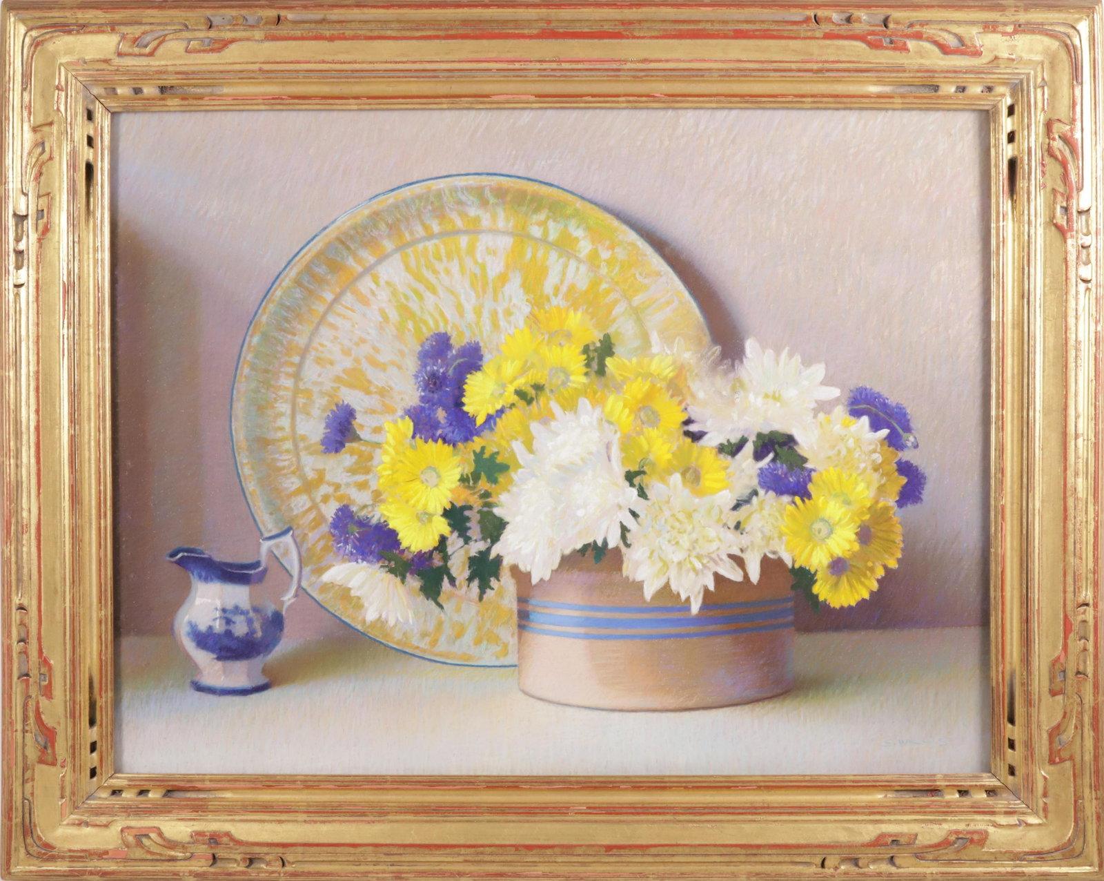 Sidney F. Willis Pastel "Yellow and White Mums with Pitcher": Sidney F. Willis (b. 1930) Pastel "Yellow and White Mums with Pitcher", signed lower right S. Willis, in carved giltwood frame 22.25 in. x 29.5 in. Framed 30 in. x 36.5 in. Provenance: Robert Wilson