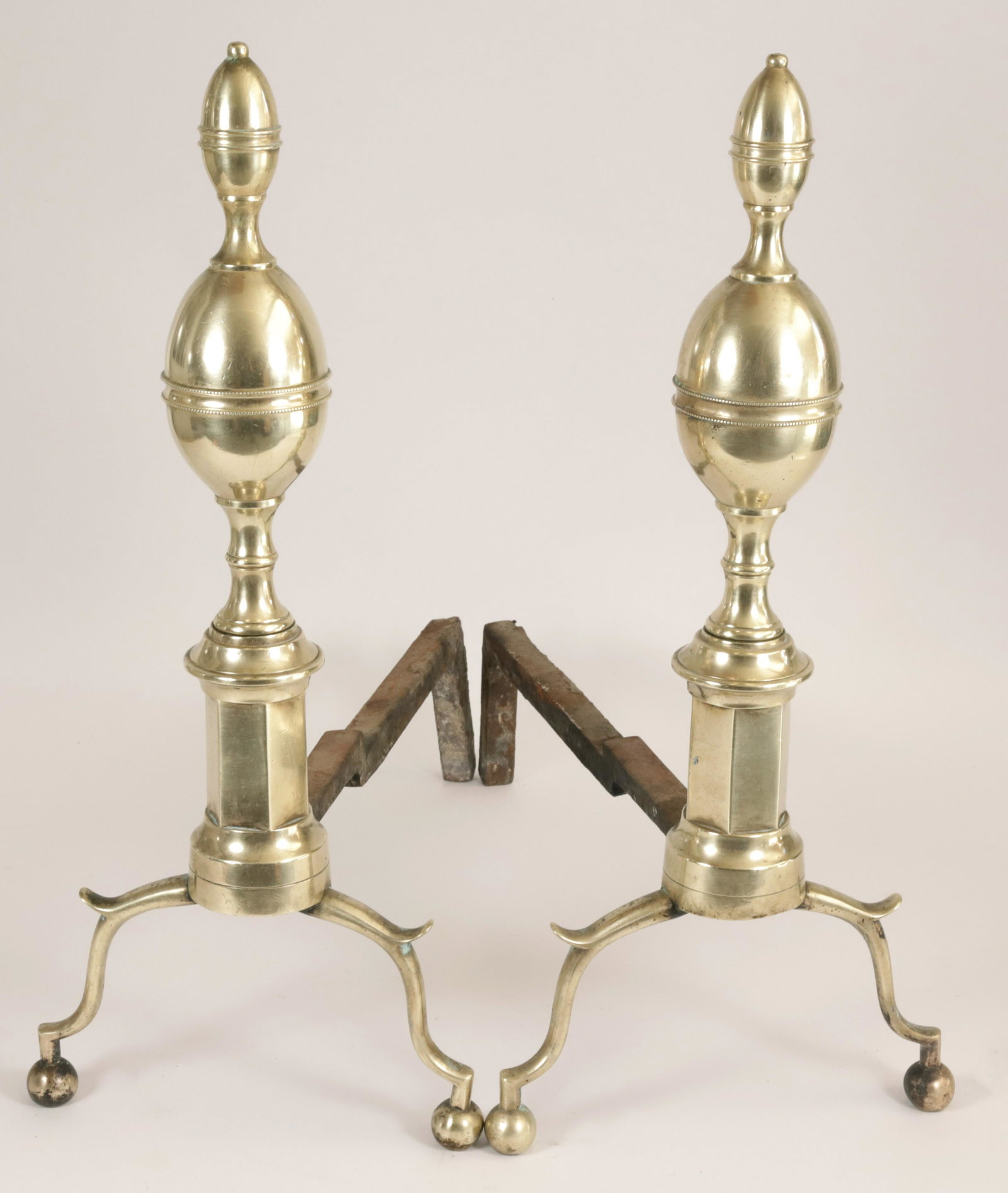 Pair of Period Brass Double Lemon Top Andirons, 19th Century: Pair of Period Brass Double Lemon Top Andirons, 19th Century, attributed to Marker William Williamson of Hartford, CT, acquired from Hartford Atheneum; on arched spurred legs ending in ball feet Heigh