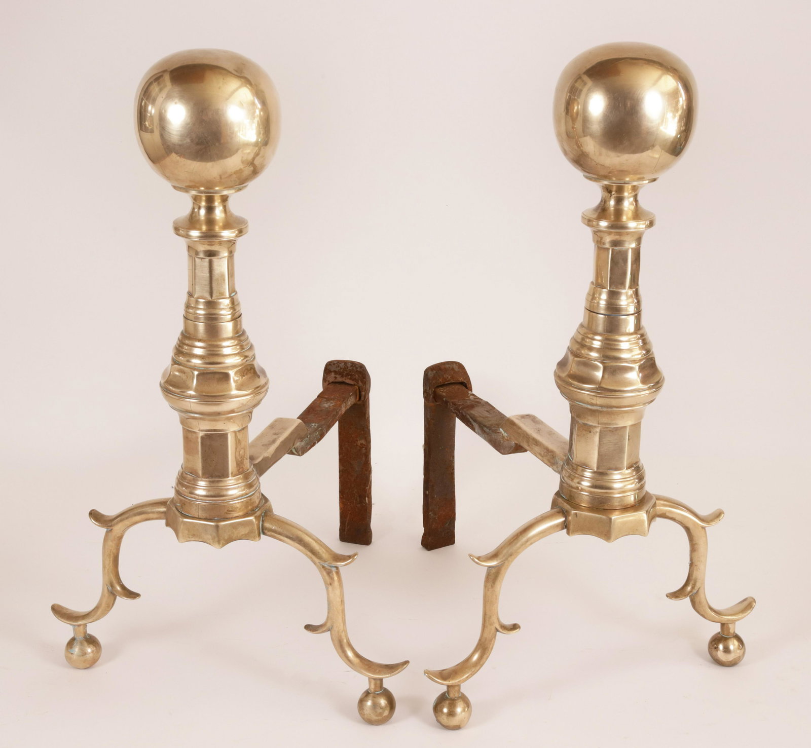 Pair of American Period Brass Ball Top Andirons, circa 1800: Pair of American Period Brass Ball Top Andirons, circa 1800, chamfered column with beautiful three-spurred legs ending in ball feet Height 19.5 in. Width 12 in. Depth 13 in.