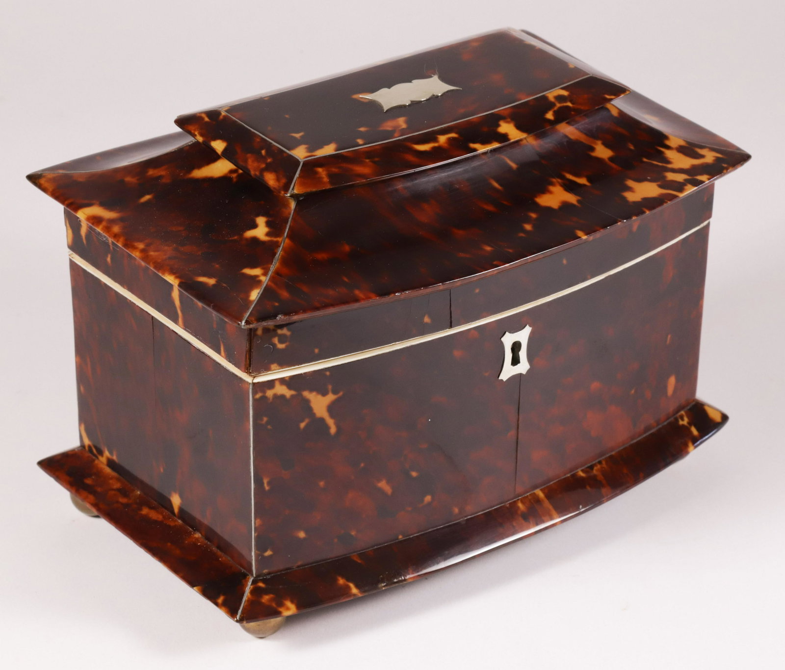 British Regency Double Compartment Antique Tortoiseshell Tea Caddy, 19th Century: British Regency Double Compartment Antique Tortoiseshell Tea Caddy, 19th Century Provenance: The Estate of Stephen Weinroth, Nantucket, Massachusetts Height 5.5 in. Length 8 in. Width 5 in.