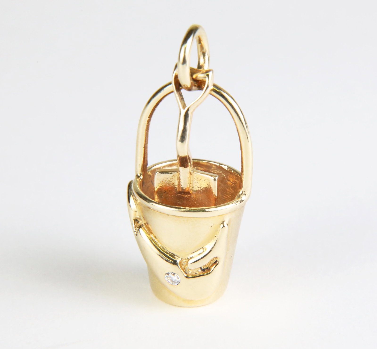 14K Gold & Diamond Nantucket Sand Pail Necklace Pendant: 14K Gold & Diamond Nantucket Sand Pail Necklace Pendant, complete with shovel, signed upon the base "14K D.T. '05". Height 1.5 in. Weight 7.2 dwt.