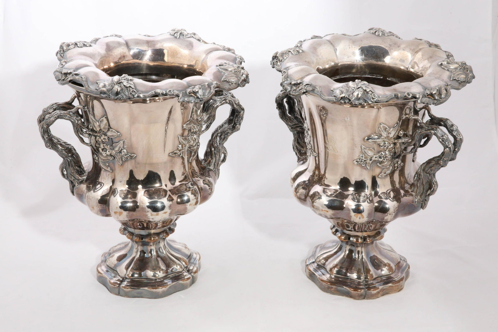 Pair of Antique Sheffield Silver Plated Champagne Coolers, 19th Century: Pair of Antique Sheffield Silver Plated Champagne Coolers, 19th Century, urn form with inserts Height 12 in. Length Across Handles 9.75 in.
