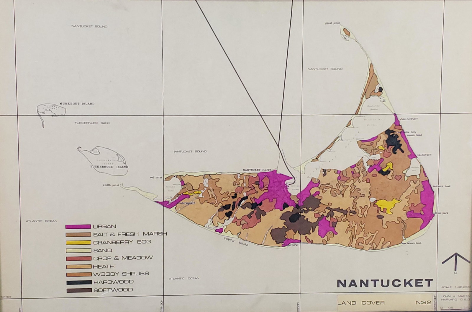 Vintage John H. Martin Colored, "Land Cover", Map of Nantucket: Vintage John H. Martin (Harvard G.S.D) Colored, "Land Cover", Map of Nantucket, with color designation indicating a different type of agricultural and ecological regions of the island, "Urban, Salt &a