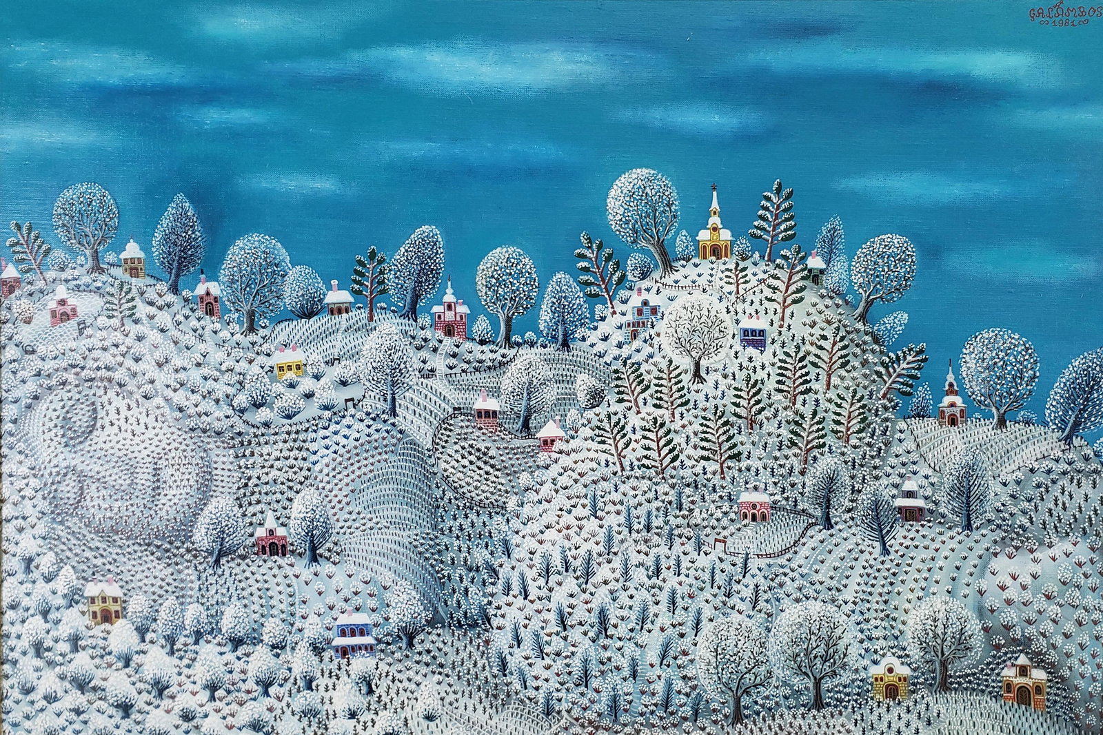 Vintage Tamas Galambos Oil on Canvas Painting, "Winter Sleeping Beauty": Vintage Tamas Galambos (Hungarian b. 1939) Oil on Canvas Painting, "Winter Sleeping Beauty", 20th century, signed upper right, Ã¢€Å“Galambos 1981Ã¢€Â, with original gallery label on 
