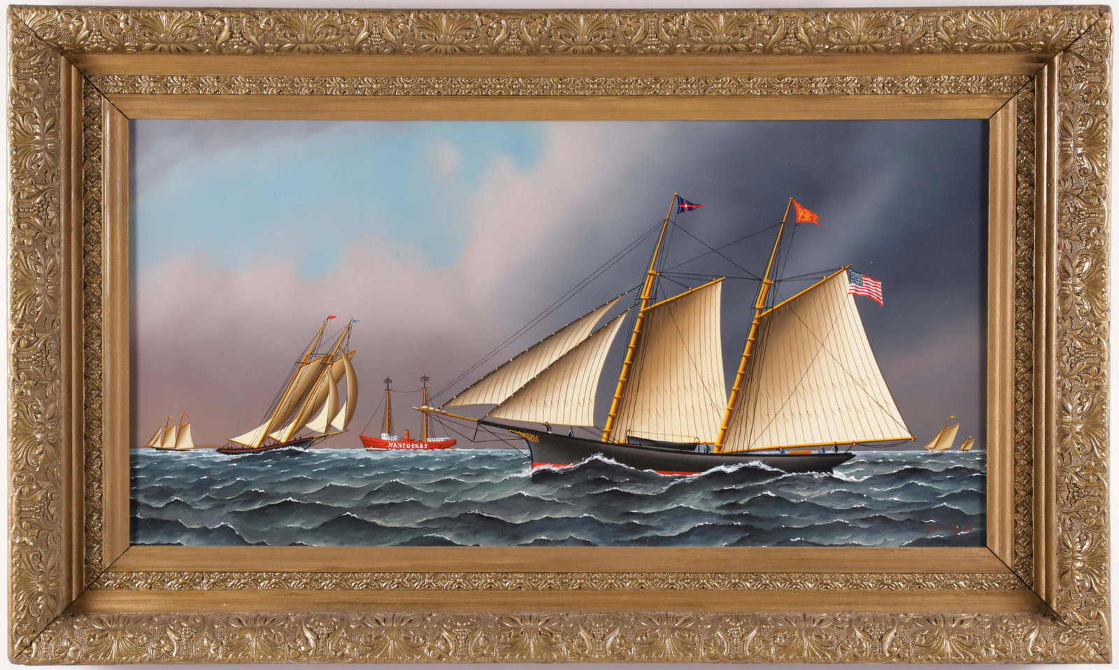 Jerome Howes Oil on Board "Five Sailing Vessels with the Nantucket Lightship": Jerome Howes (American b. 1955) Oil on Board "Five Sailing Vessels with the Nantucket Lightship", signed lower right Jerome Howes, in antique wood frame 12 in. x 24 in. Framed 18 in. x 30 in.