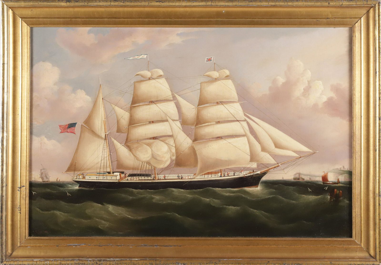 Richard Ball Spencer Oil on Canvas "Portrait of a Barkentine": Richard Ball Spencer (British 1812-1897) Oil on Canvas "Portrait of a Barkentine", flying the Union Jack on the mast and American flag on the stern, the pennant name is obscured, signed lower left R.B