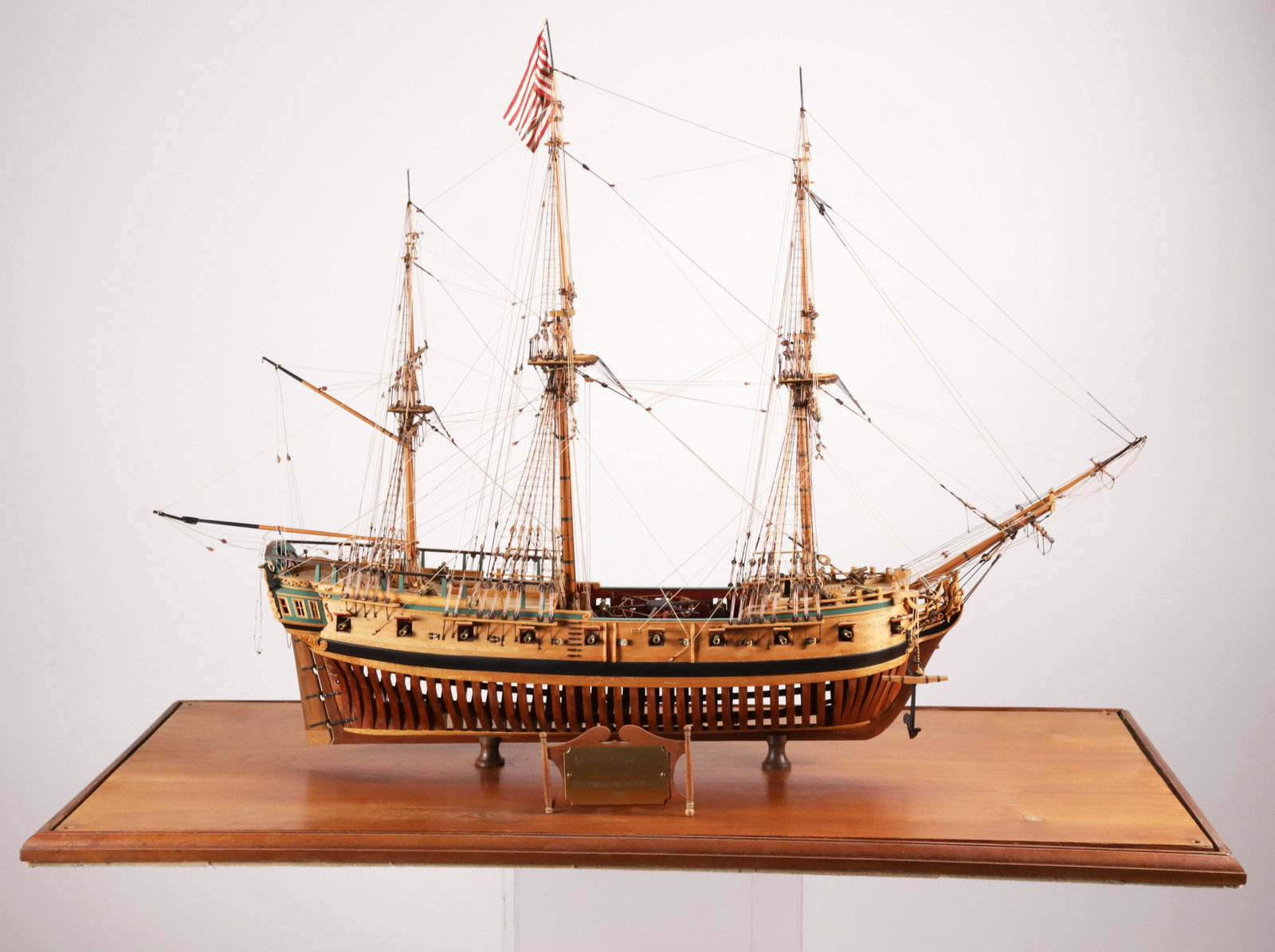 Contemporary Cased Ship Model of the "Oliver Cromwell, Philadelphia Privateer, 1777": Contemporary Cased Ship Model of the "Oliver Cromwell, Philadelphia Privateer, 1777", wood and mixed media Height 29.25 in. Length 38.75 Width 17.25 in. Provenance: The Estate of Stephen Weinroth, Nan
