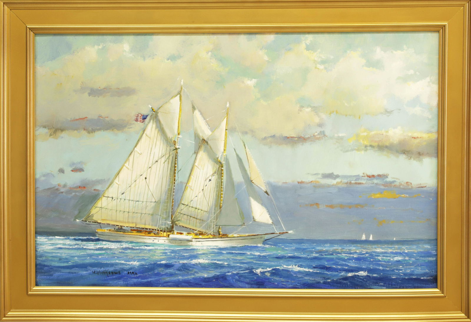 William Lowe Oil on Linen "Schooner at Sea": William Lowe (American b. 1940) Oil on Linen "Schooner at Sea", signed lower left William Lowe, ASMA, in molded gilt frame 15 in. x 24 in. Framed 18.5 in. x 27.5 in. Lowe, a participant with the Ameri