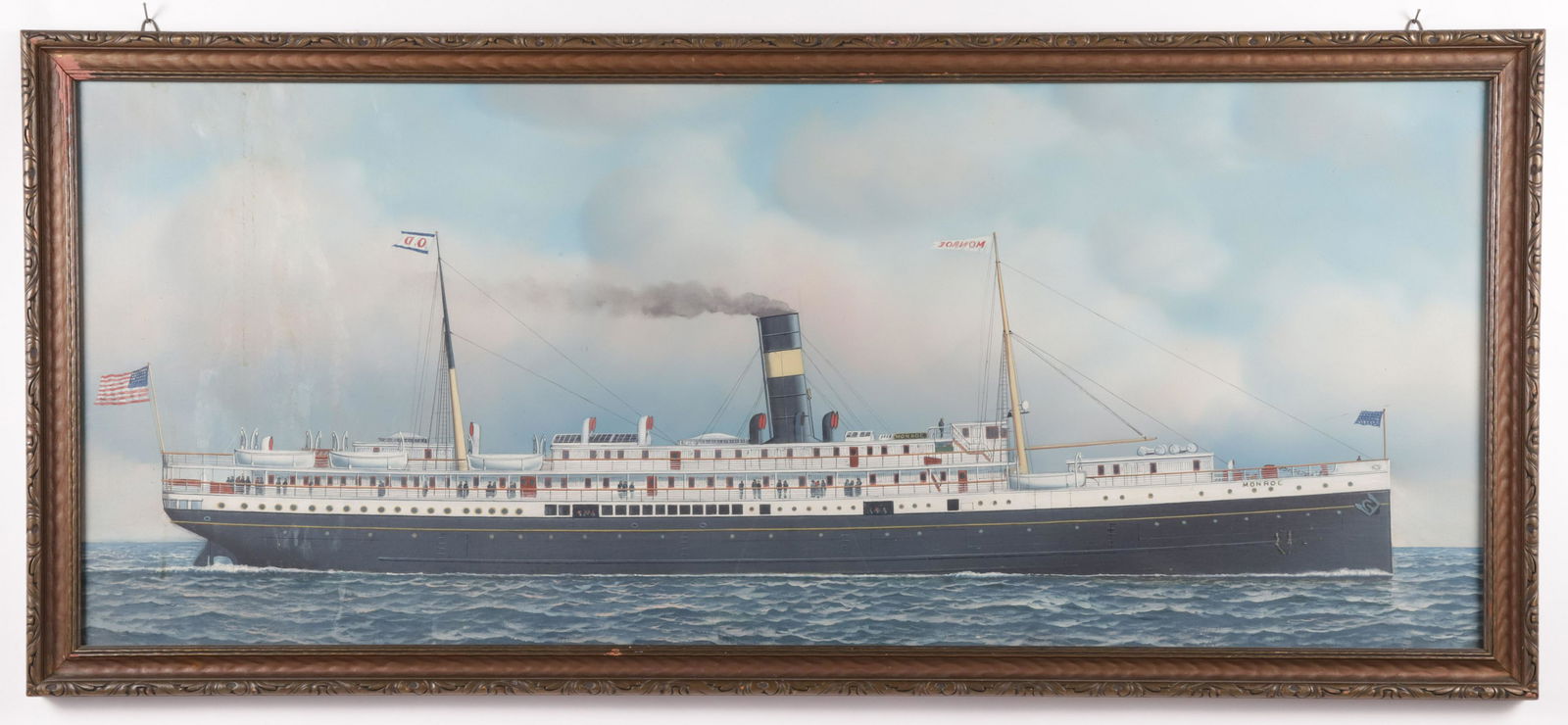 Antonio Jacobsen Oil on Canvas Wrapped on Board "Portrait of the Steam-Sail Ship Monroe": Antonio Jacobsen (1850-1921) Oil on Canvas Wrapped on Board "Portrait of the Steam-Sail Ship Monroe", unsigned, as the canvas was apparently cut down, in molded wood frame 18 in. x 44 in. Framed 20.75