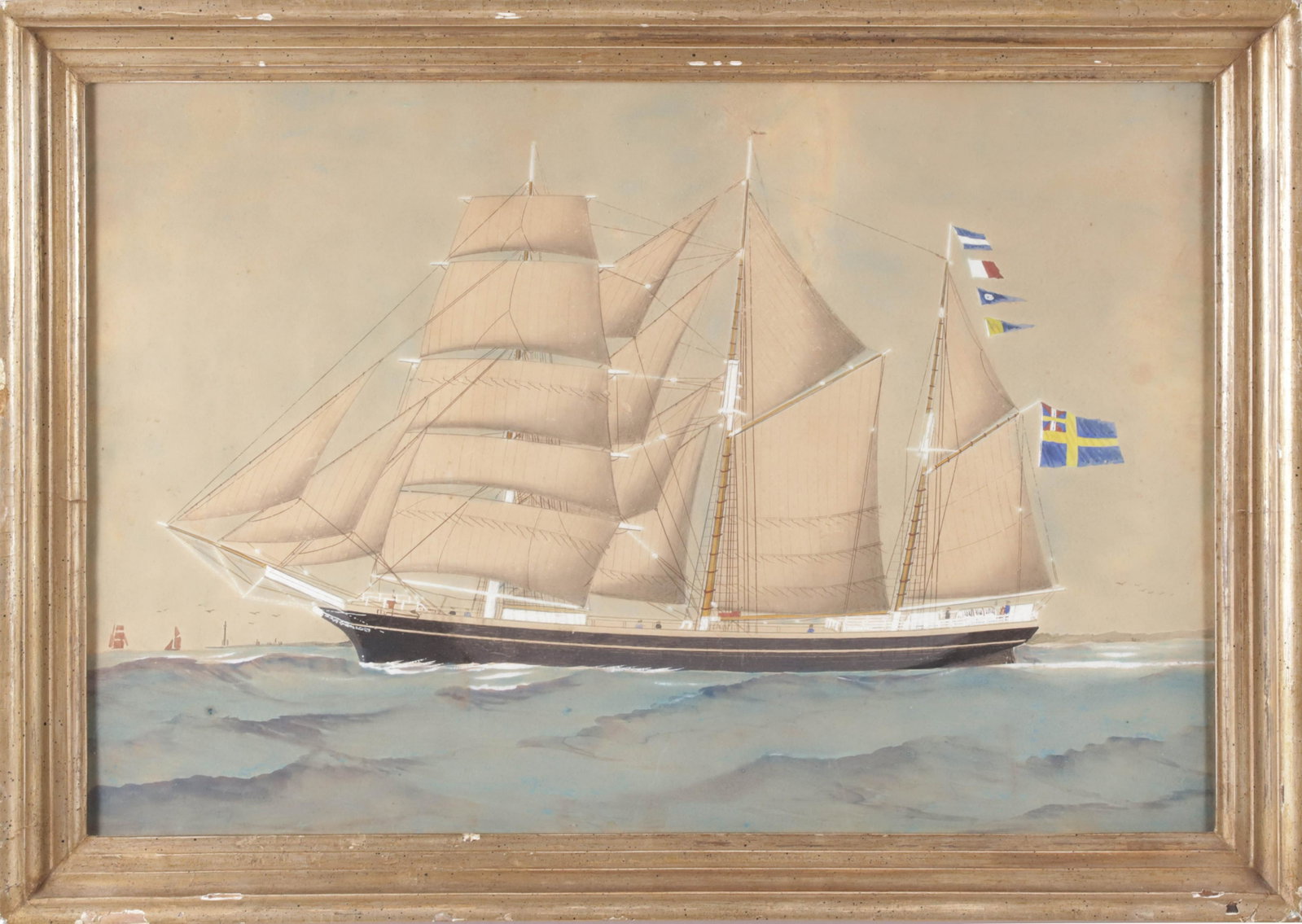 Watercolor and Ink on Paper "Portrait of a Clipper Ship", 19th Century: Watercolor and Ink on Paper "Portrait of a Clipper Ship", 19th Century, not apparently signed, in silvered wood frame. Exhibited at the Montclair Art Museum, Montclair, New Jersey December 16 to Febru