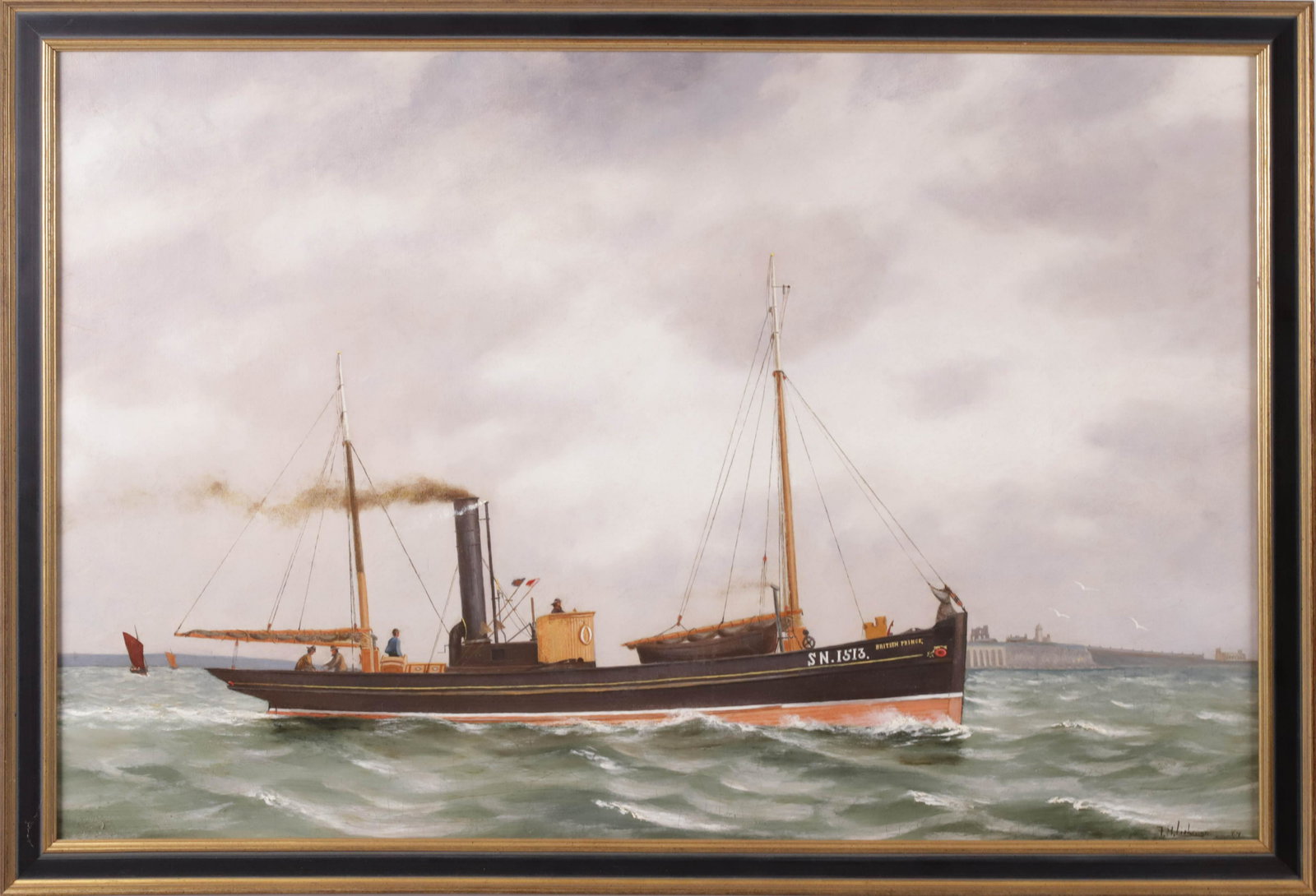 F.H. Lishman Oil on Canvas "Steam Sail Ship British Prince": F.H. Lishman Oil on Canvas "Steam Sail Ship British Prince", signed indistinctly and dated '89 lower right, gilt and ebonized frame Note: Canvas lined 24 in. x 36 in. Framed 26 in. x 37.75 in.
