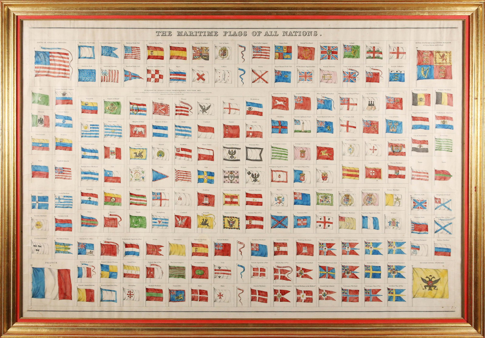 Framed Lithograph "Maritime Flags of All Nations", circa 1855: Framed Lithograph "Maritime Flags of All Nations", circa 1855, depicting 190 various pictorial nation's flags and pennants, in molded gilt frame with red slip. Published by Charles Copley, Hydrographe
