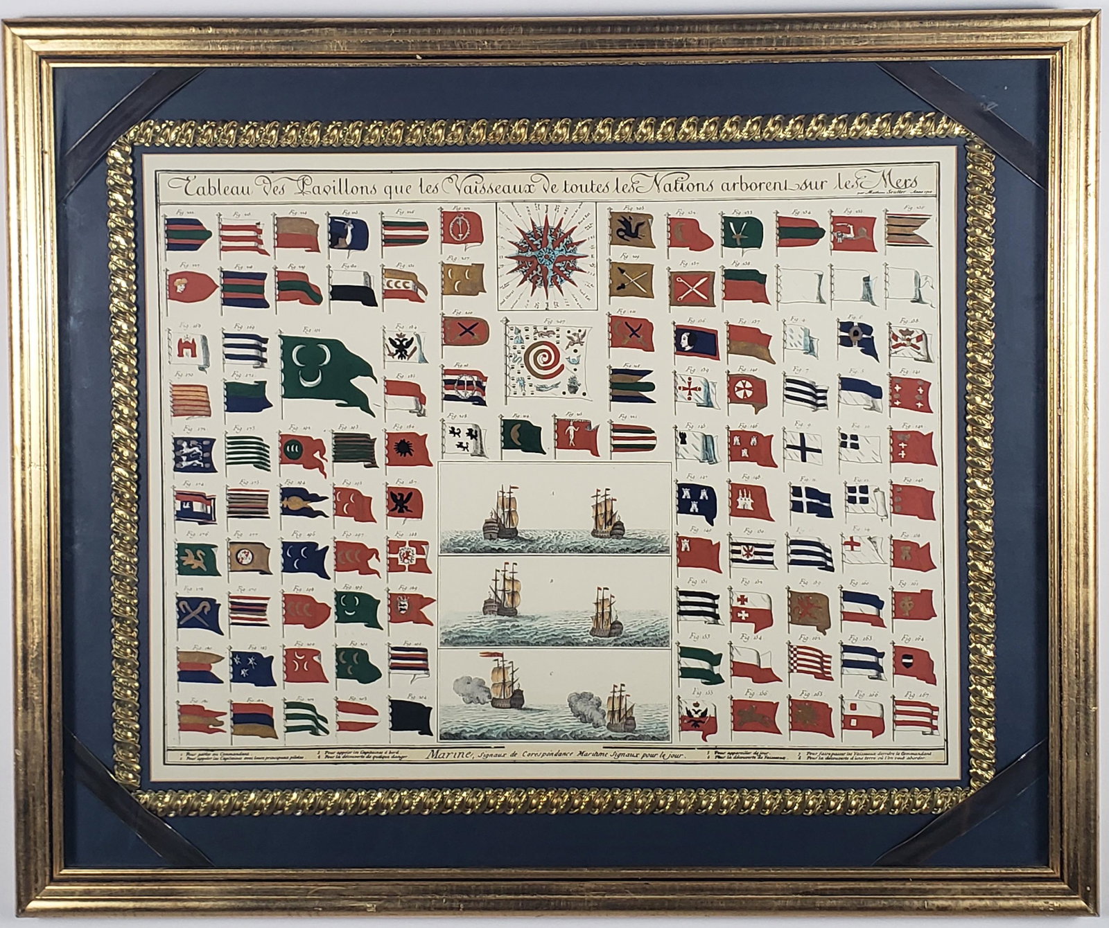 Matthaus Seutter Maritime Signal Flag Chart Engraving, 18th Century: Matthaus Seutter (German 1678-1757) Maritime Signal Flag Chart Engraving, 18th Century, vignettes of naval battles and compass rose. In gilt frame with molded gilt matting.