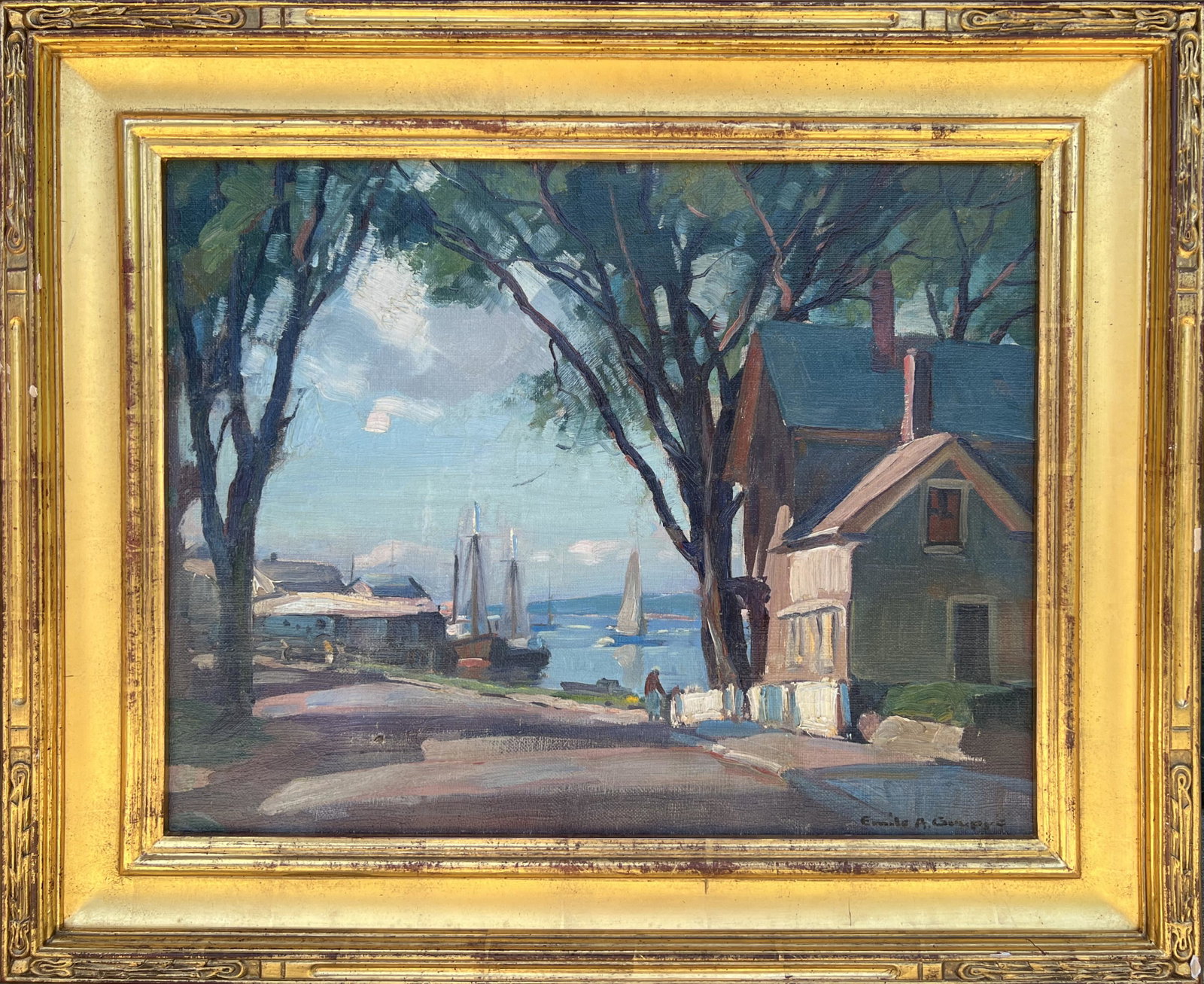 Emile Albert Gruppe Oil on Canvas "Rockport Street Scene": Emile Albert Gruppe (American 1896-1978) Oil on Canvas "Rockport Street Scene", signed lower right Emile A. Gruppe, in hand carved gold leaf frame 16 in. x 20 in. Framed 22.25 in. x 26.5 in.