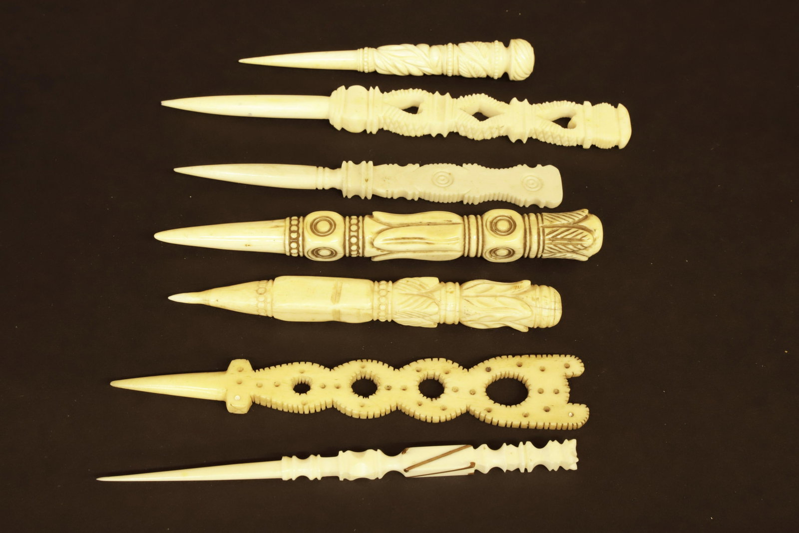 Group of Seven Sailor Carved Bone Bodkins, 19th Century: Group of Seven Sailor Carved Bone Bodkins, 19th Century, comprising both antique whale ivory and whalebone Lengths 6.25 in. to 4.75 in. Provenance: The Estate of Stephen Weinroth, Nantucket, Massachus