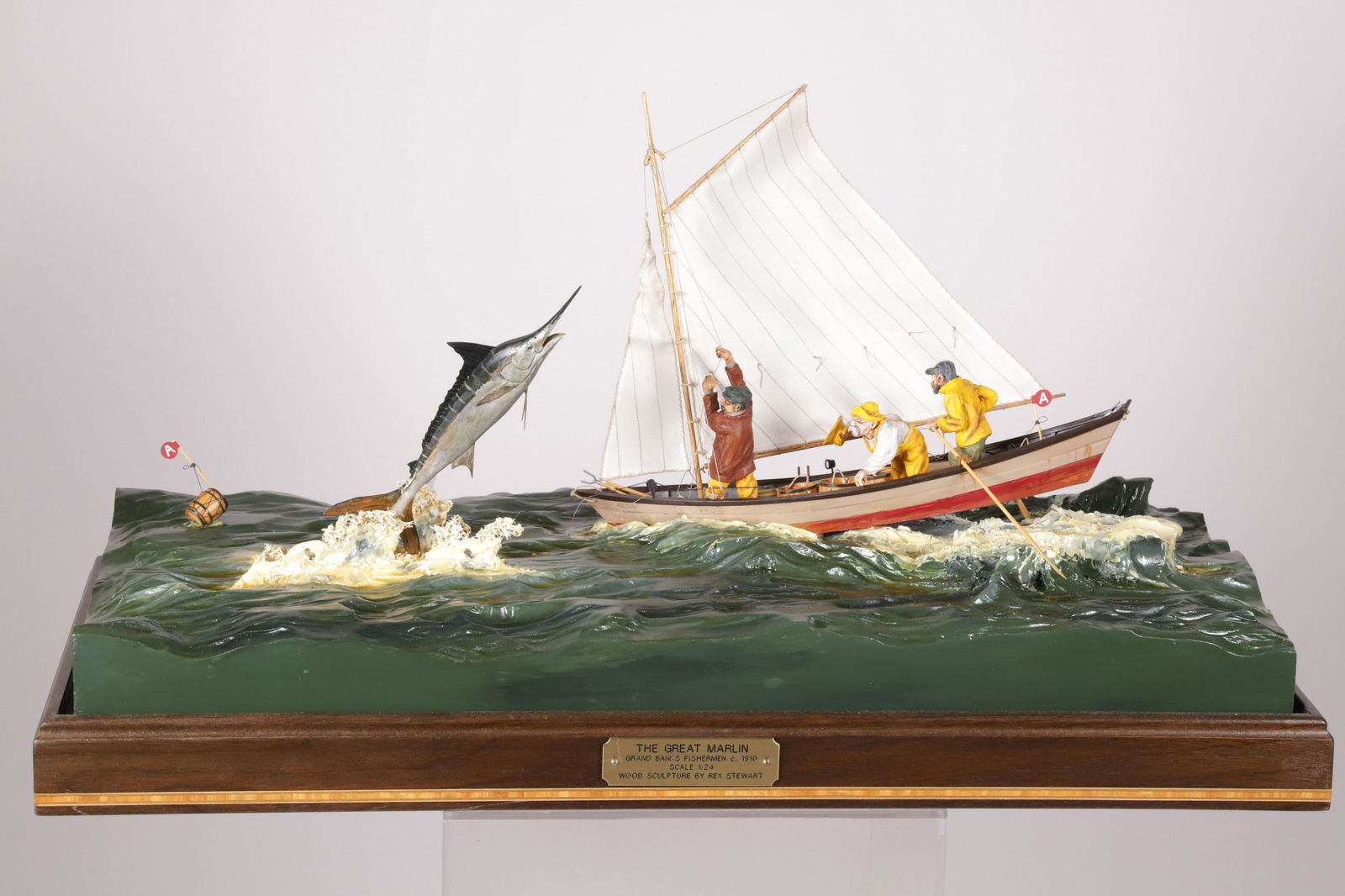 Contemporary Cased Deep-Sea Fishing Model of "The Great Marlin Great Banks Fishermen", circa 1910: Contemporary Cased Deep-Sea Fishing Model of "The Great Marlin Great Banks Fishermen", circa 1910, scale 1:24, the wood sculpture by Rex Stewart Height 19.25 in. Length 25.5 in. Width 11.25 in. Proven