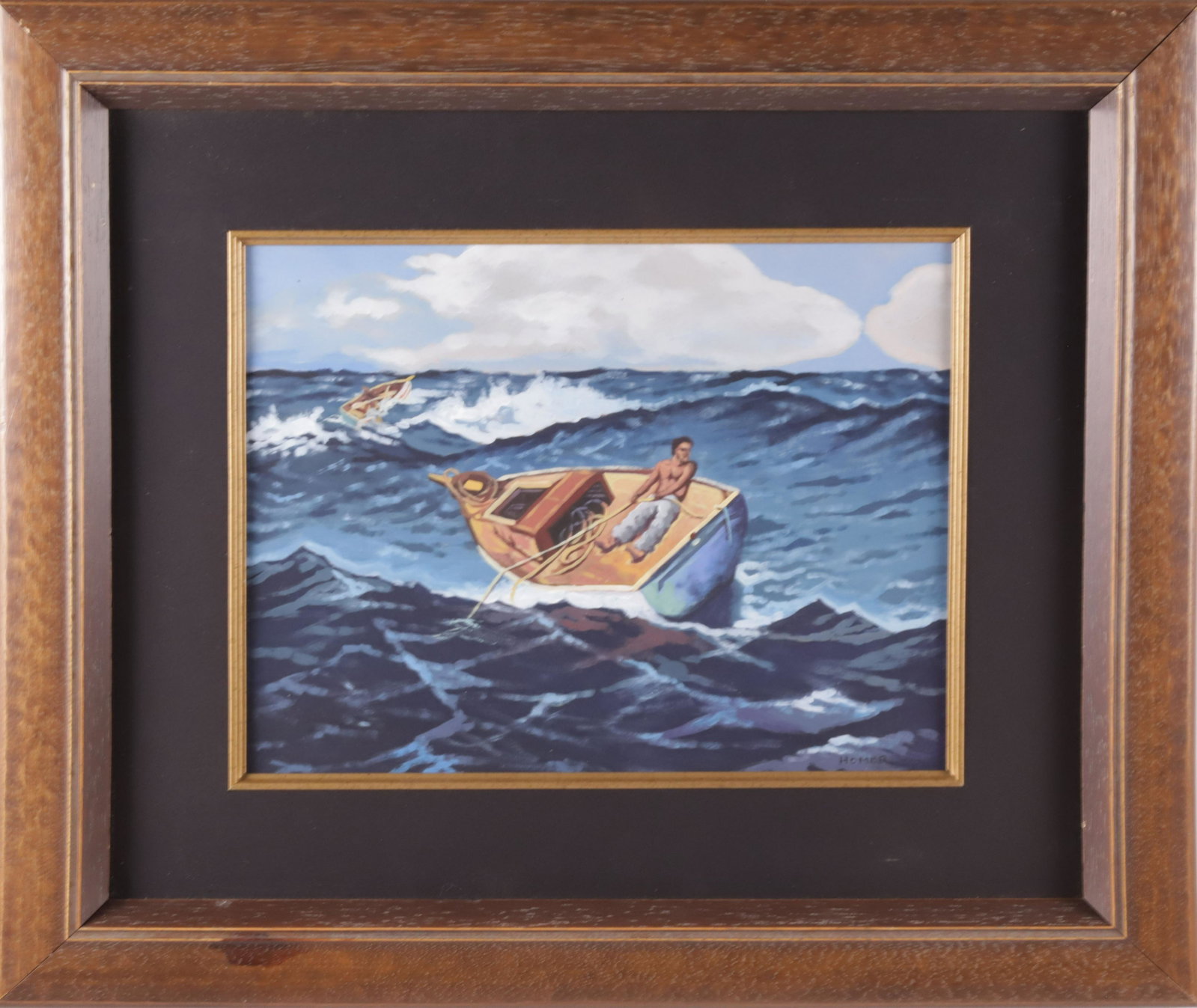 Gouache on Paper, "Solitary Sailor Hauling Anchor in a Rough Sea": Gouache on Paper, "Solitary Sailor Hauling Anchor in a Rough Sea", signed lower right Homer, in black mat, gold fillet, wood frame 10.5 in. x 13.5 in. Framed 20 in. x 23 in.