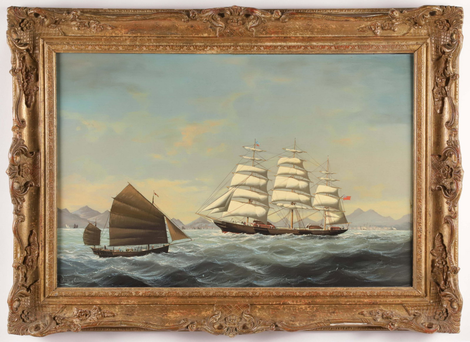 Salvatore Colacicco Oil on Mahogany Panel "British Clipper Passing a Junk Off Hong Kong Harbor": Salvatore Colacicco (Italian b. 1935) Oil on Mahogany Panel "British Clipper Passing a Junk Off Hong Kong Harbor", signed lower left Salvatore Colacicco, in gold toned Louis XV style frame 16 in. x 24