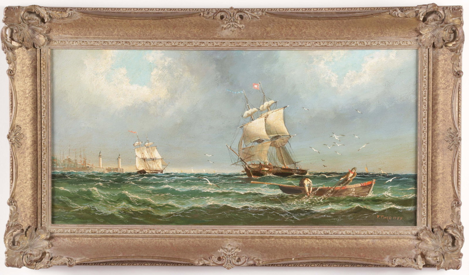 Fred Tordoff Oil on Canvas "Shipping Off the Whaling Port of Whitby": Fred Tordoff (British b. 1930) Oil on Canvas "Shipping Off the Whaling Port of Whitby", signed lower right F. Tordoff in gold toned gessoed frame 10 in. x 20 in. Framed 14 in. x 23.75 in.