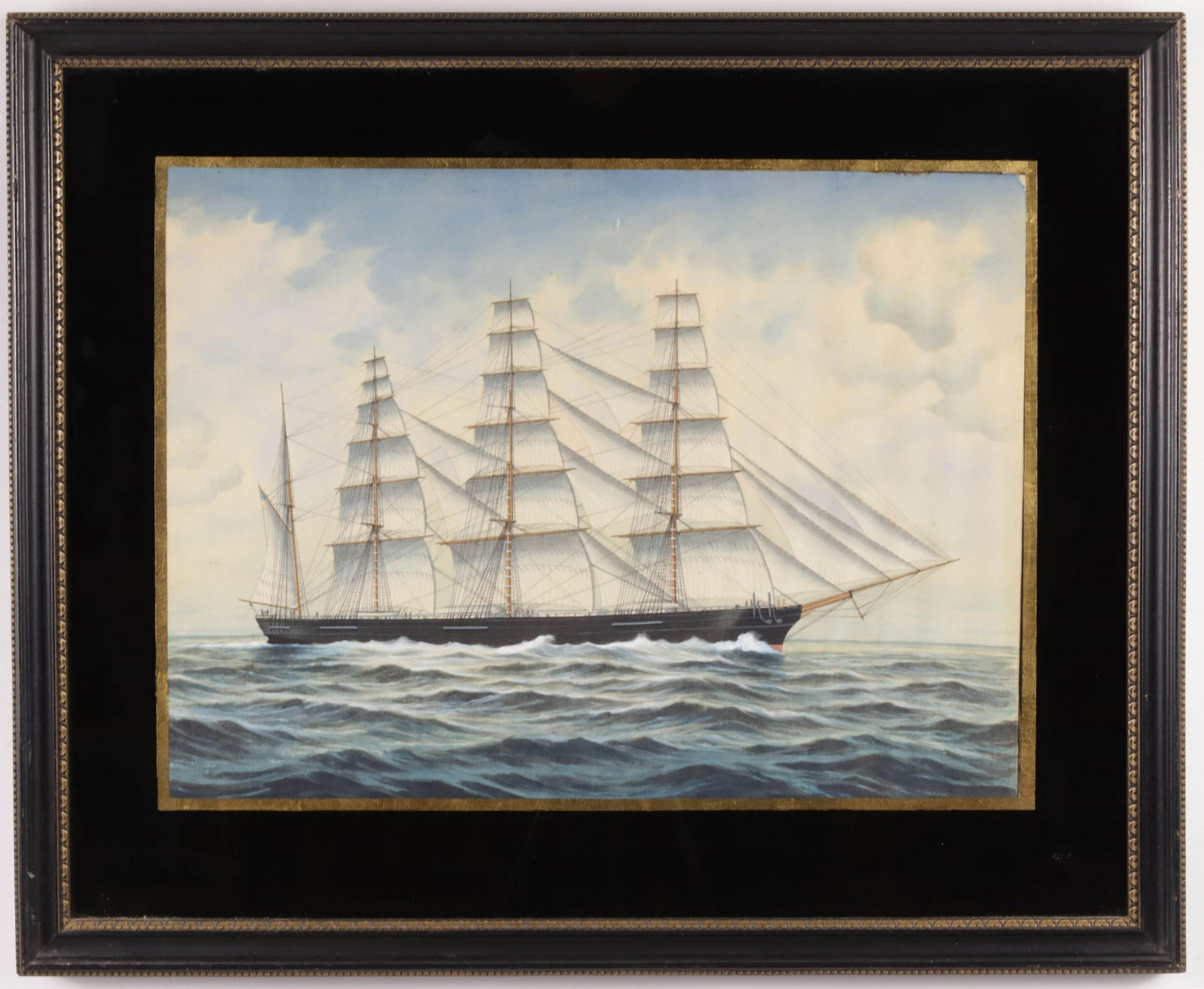 China Trade Portrait of an American Clipper Ship, 19th Century: China Trade Portrait of an American Clipper Ship, 19th Century, ink and colors on silk, not apparently signed, eglomise surround, in ebonized frame 12.5 in. x 16.5 in. Framed 18.75 in. x 22.5 in.