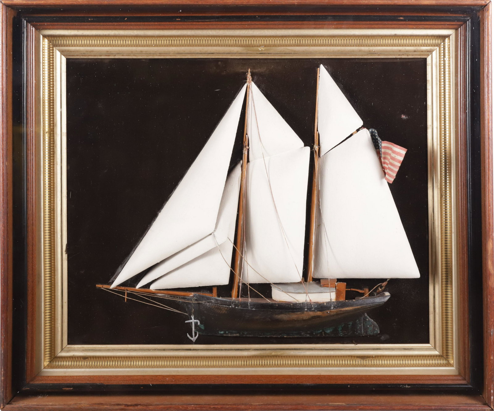 Antique Shadowbox Model of Gaff-Rigged Ketch: Antique Shadowbox Model of a Gaff-Rigged Ketch, mixed media Height 21.75 in. Width 25.75 in. Depth 3.25 in.